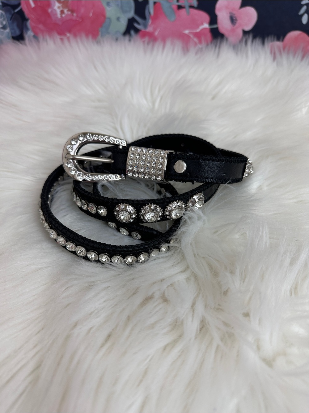 Black Leather Rhinestone Crystal Bling Western Rodeo Belt Small Medium